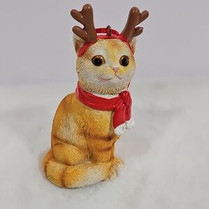 Orange Cat With Reindeer Ears Ceramic Ornament 6" X 3"